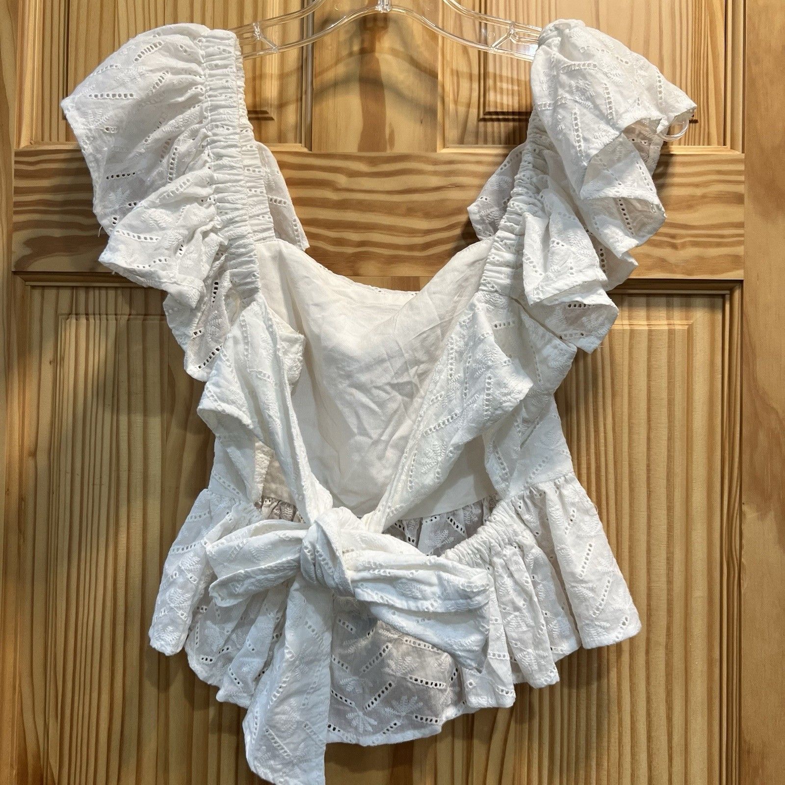 Blue Rain White Eyelet Peplum Top Xs Tie Back Ruffle Flutter Sleeve Cottagecore — image 2 of 6